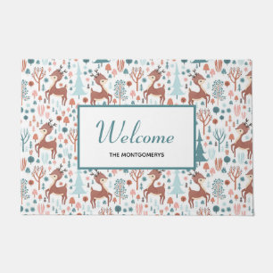 Cute Deer in Whimsical Forest Pattern Welcome Doormat