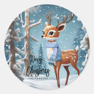Cute Deer in Winter Woodlands Christmas Classic Round Sticker