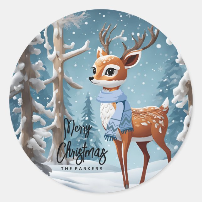 Cute Deer in Winter Woodlands Christmas Classic Round Sticker (Front)