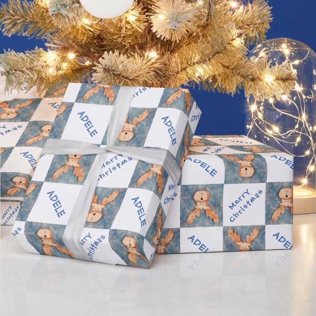 Cute Deer Kids Name Merry Christmas Holiday Wrapping Paper (Holidays)