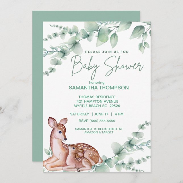   Cute Deer Mom Fawn  Greenery  Boys Baby Shower  Invitation (Front/Back)