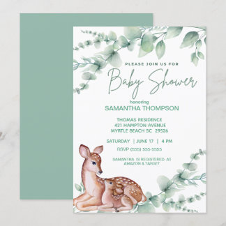  Cute Deer Mom Fawn  Greenery  Boys Baby Shower  Invitation
