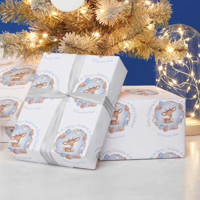 Cute Deer Name Boy Christmas Wrapping Paper  (Holidays)