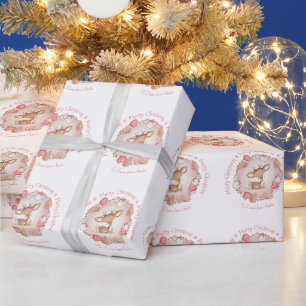 Cute Deer Name Pink Christmas Wrapping Paper 