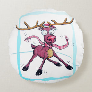 Cute Deer on ice Funny Christmas holidays Cartoon Round Pillow