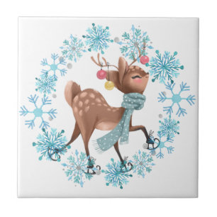 Cute Deer on Skates Snowflake Wreath Tile