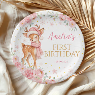Cute Deer Onedeerful Pink Floral Winter Birthday Paper Plate