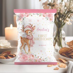 Cute Deer Pink Floral Birthday Chip Bag Wrapper