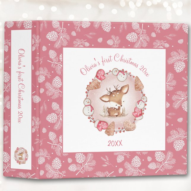 Cute Deer Pink Pine Cone Christmas Photo Album Binder (Cute Deer Pink Pine Cone Christmas Photo Album 3 Ring Binder)