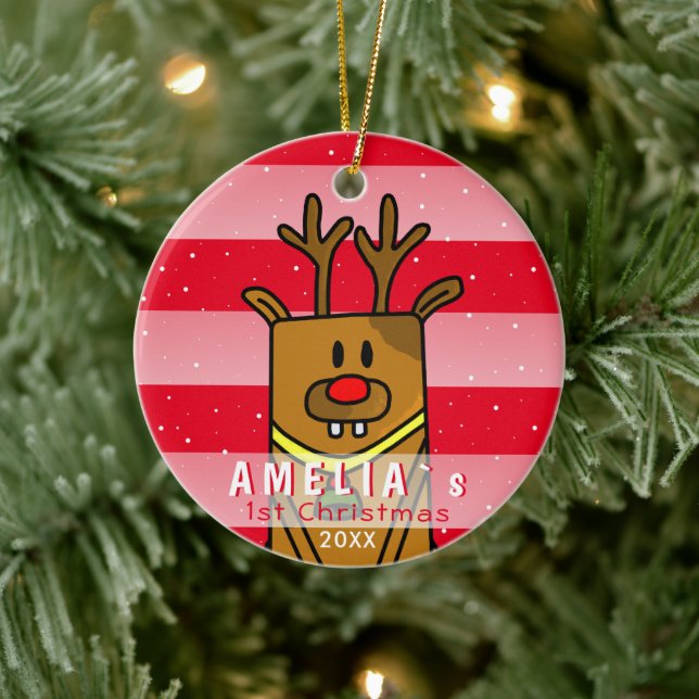 Cute Deer Red Pink Baby`s First Christmas Ceramic Ornament (Tree)
