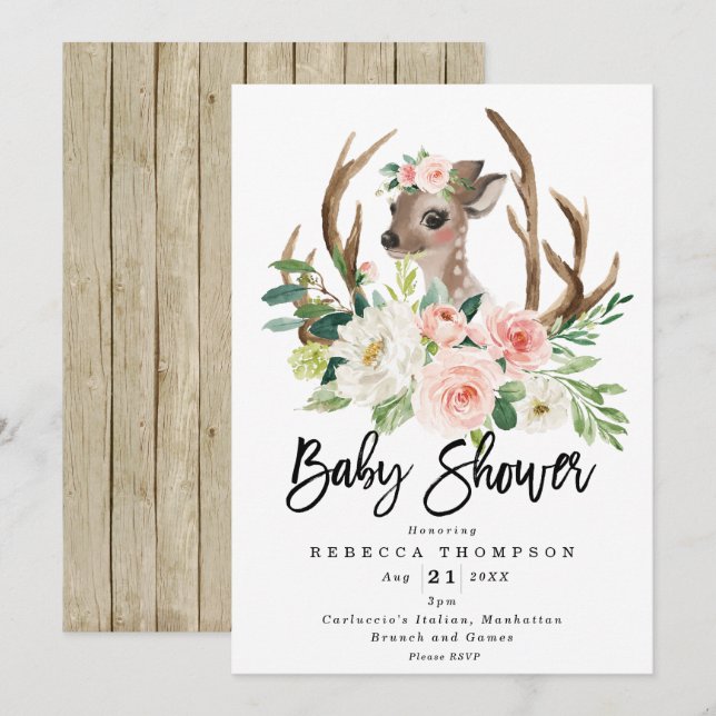 cute deer rustic floral modern baby shower invitation (Front/Back)