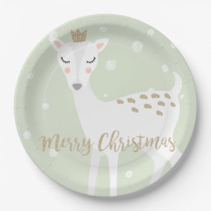 Cute Deer   Sage Green   Christmas Paper Plate