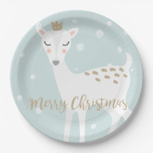 Cute Deer   Soft Blue   Christmas Paper Plate