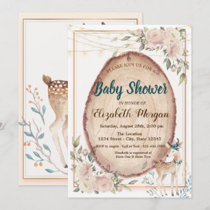 Cute Deer String Lights,Floral Wood Baby Shower Invitation