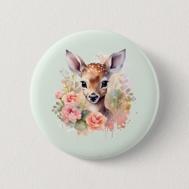 Cute Deer Surrounded By Roses 2 Inch Round Button (Front)