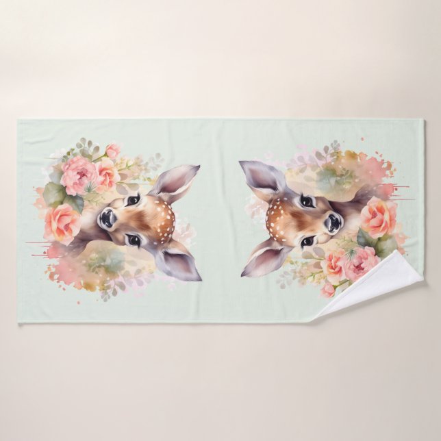 Cute Deer Surrounded By Roses Bath Towel Set (Bath Towel)