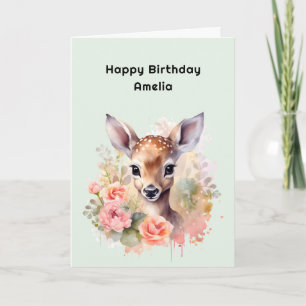 Cute Deer Surrounded By Roses Birthday Card