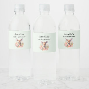 Cute Deer Surrounded By Roses Birthday Event Water Bottle Label
