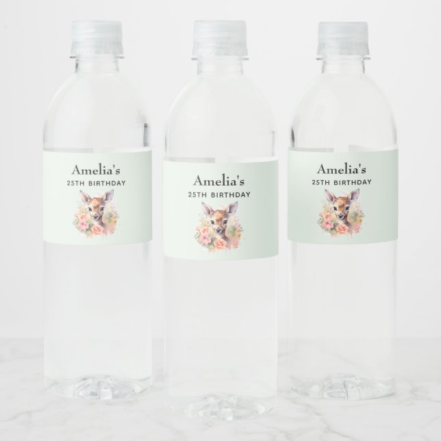 Cute Deer Surrounded By Roses Birthday Event Water Bottle Label (Bottles)