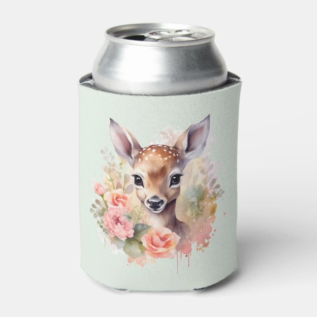 Cute Deer Surrounded By Roses Can Cooler (Can Front)