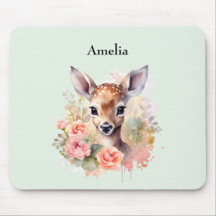 Cute Deer Surrounded By Roses Mouse Pad