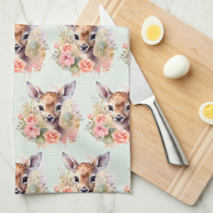 Cute Deer Surrounded By Roses Pattern Kitchen Towel