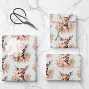 Cute Deer Surrounded By Roses Pattern Wrapping Paper Sheet