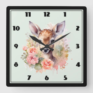 Cute Deer Surrounded By Roses Square Wall Clock