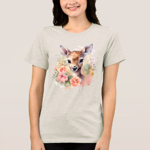Cute Deer Surrounded By Roses Tri-Blend Shirt
