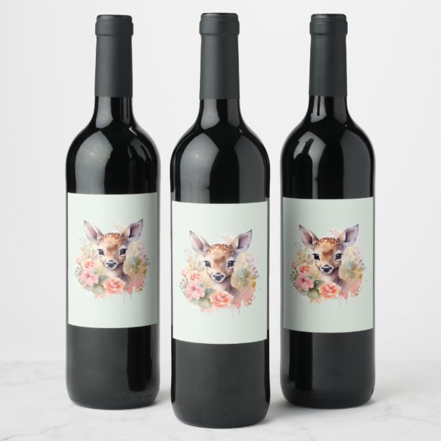 Cute Deer Surrounded By Roses Wine Label (Bottles)