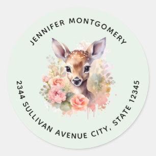 Cute Deer Surrounded By Roses with Address Classic Round Sticker