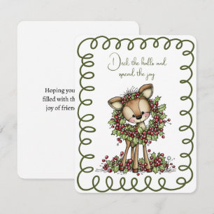 Cute Deer Wearing a Christmas Wreath Green and Red Holiday Card
