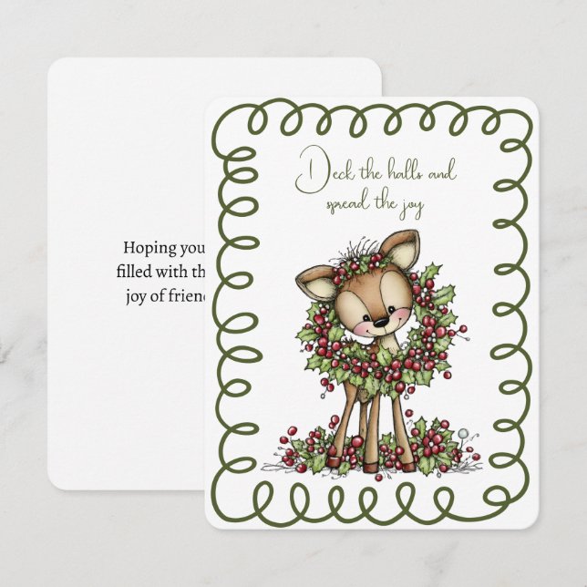 Cute Deer Wearing a Christmas Wreath Green and Red Holiday Card (Front/Back)