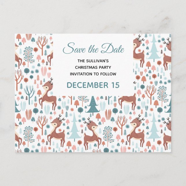 Cute Deer Whimsical Forest Pattern Save the Date Invitation Postcard (Front)