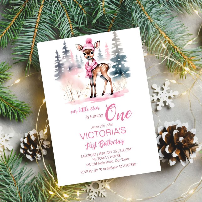 Cute deer Winter girls birthday template (Cute deer Winter girls birthday party editable template invitation digital download watercolor)