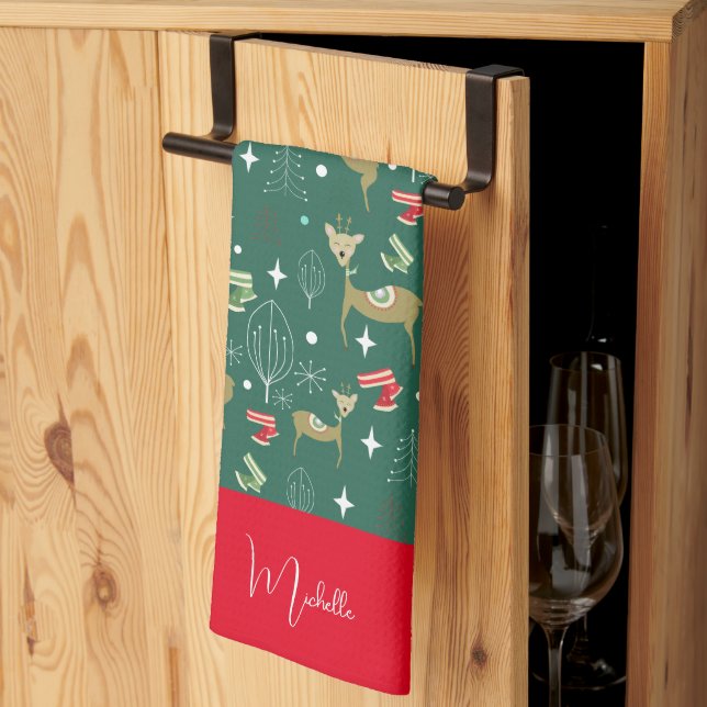 Cute deer with Christmas trees and snowflakes Kitchen Towel (Thirds Fold)