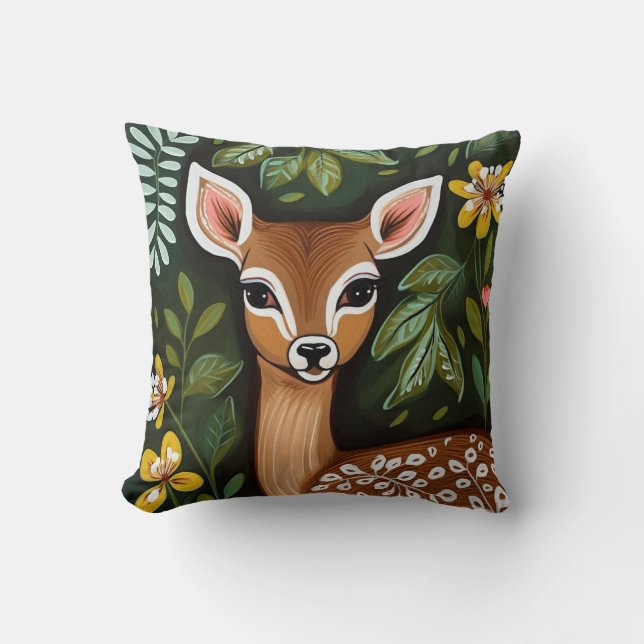 Cute Deer with Leaves and Flowers Throw Pillow (Front)