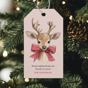 Cute Deer with Red Bow Pink Christmas Gift Tags