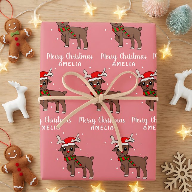 Cute Deer with Santa Hat Kids Pink Wrapping Paper Sheet (Creator Uploaded)