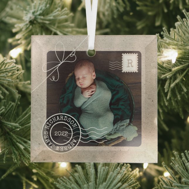 Cute Delivery Parcel Baby Birth Announcement Photo Glass Ornament (Insitu)