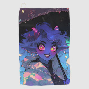 Cute Demon Anime Girl in the Rain Golf Towel
