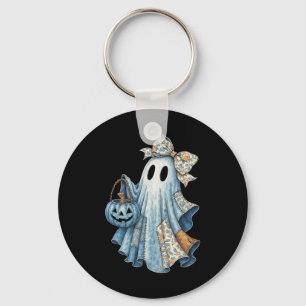 Cute Denim Ghost With Floral Bow Halloween Aesthet Keychain