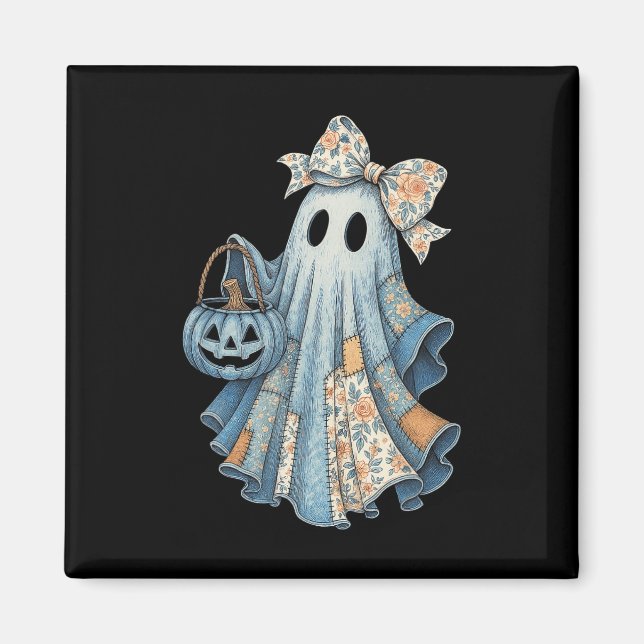 Cute Denim Ghost With Floral Bow Halloween Aesthet Magnet (Front)