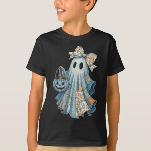 Cute Denim Ghost With Floral Bow Halloween Aesthet T-Shirt