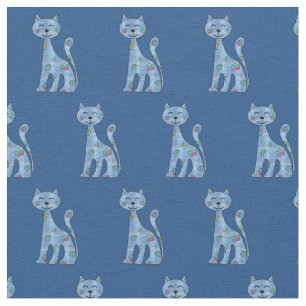 Cute Denim n Flowers Cartoon Cat Fabric