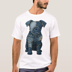 Cute Denim Patchwork Art Dog T-Shirt