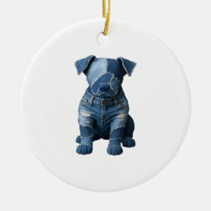Cute Denim Patchwork Art Dog T-Shirt Ceramic Ornament