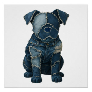 Cute Denim Patchwork Art Dog T-Shirt Poster