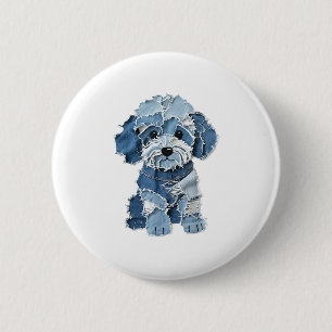 Cute Denim Patchwork Dog Illustration 2 Inch Round Button