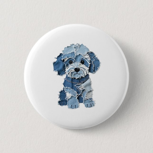 Cute Denim Patchwork Dog Illustration 2 Inch Round Button (Front)